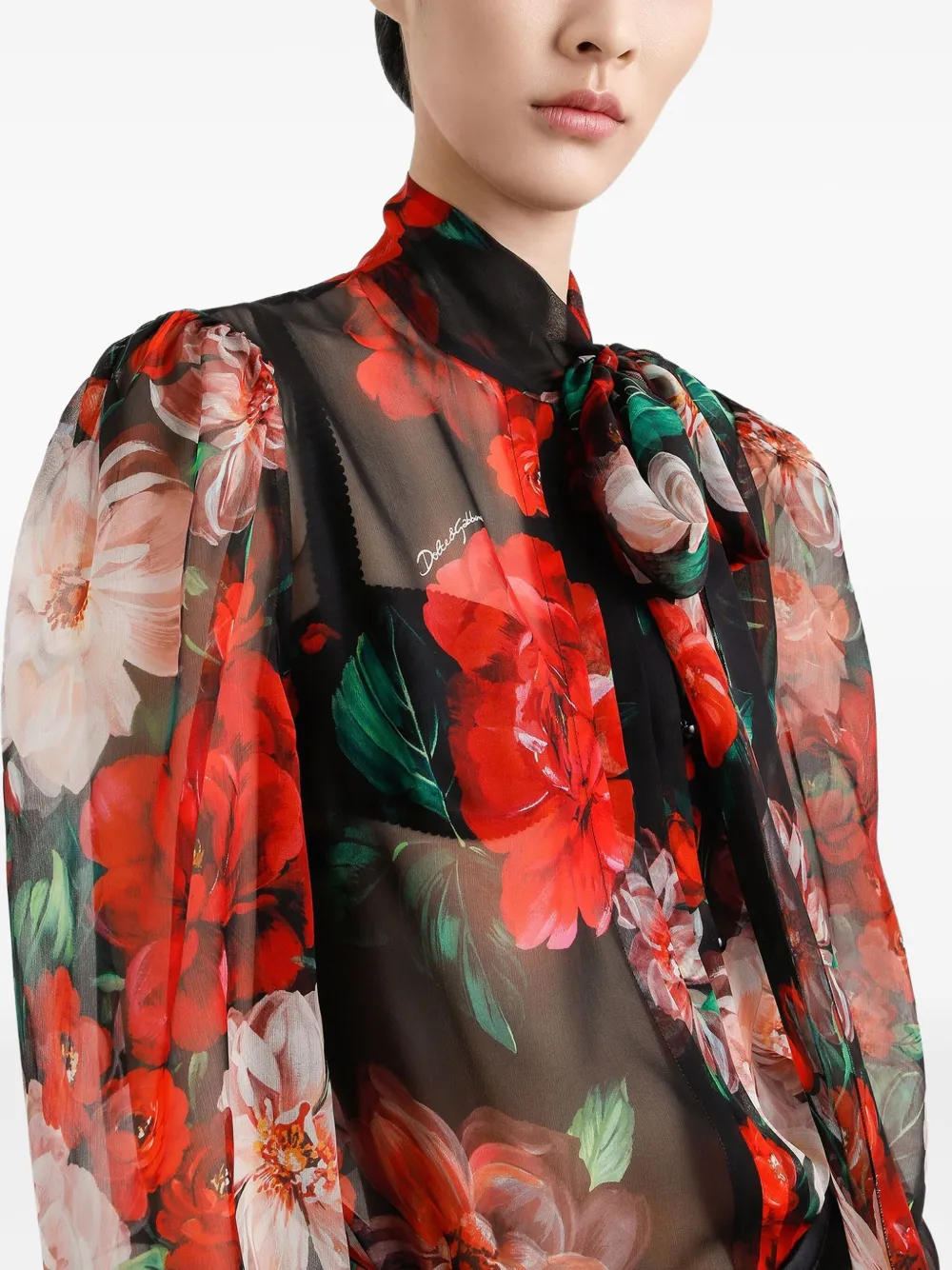 Dolce & Gabbana Chiffon blouse met roosprint Zwart