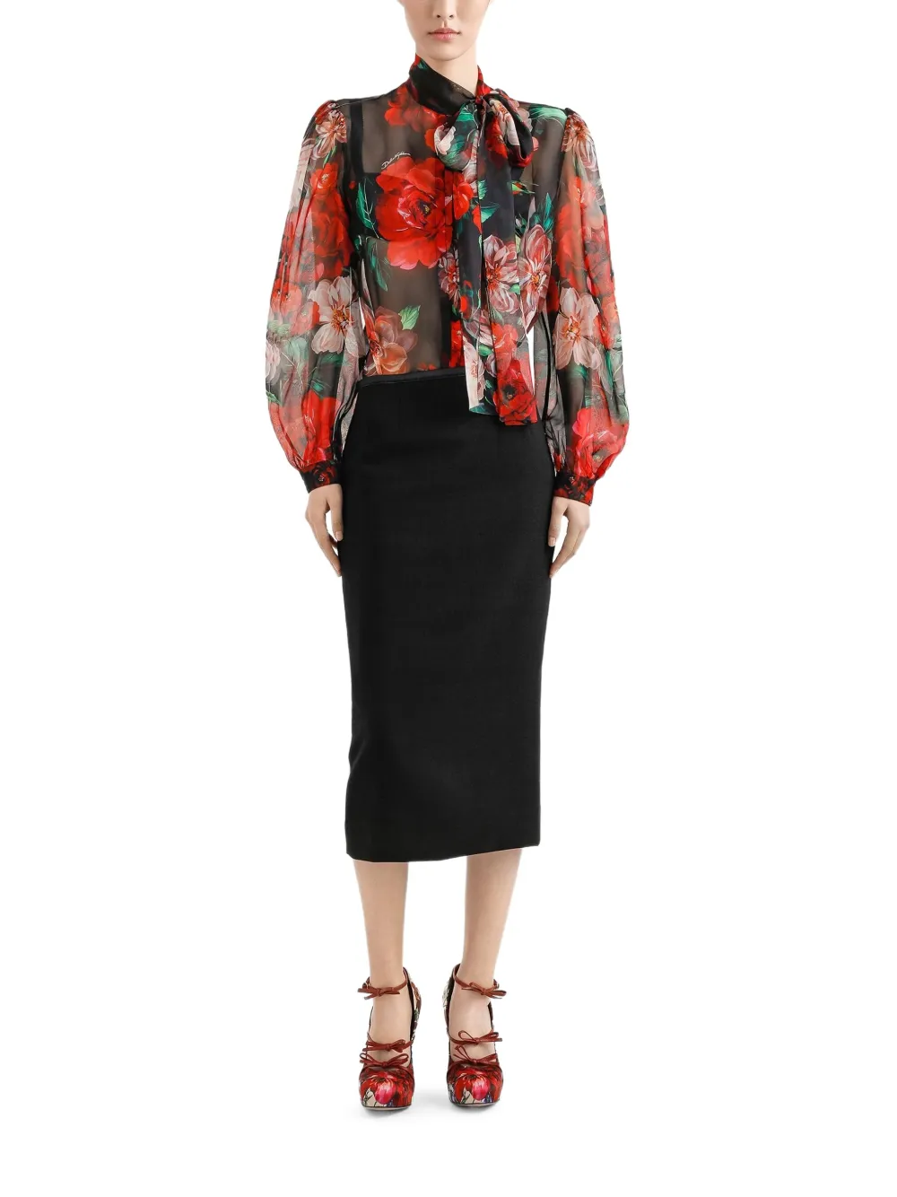 Dolce & Gabbana Chiffon blouse met roosprint Zwart