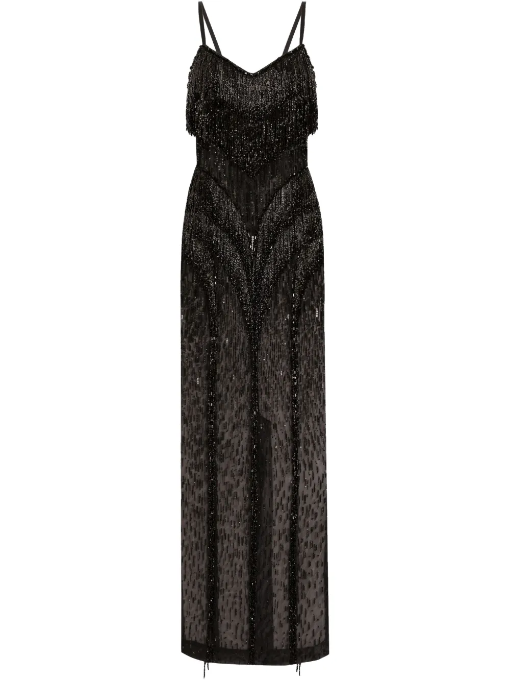 Dolce & Gabbana Long Marquisette Dress With Sequined Fringe Embellishment In Black