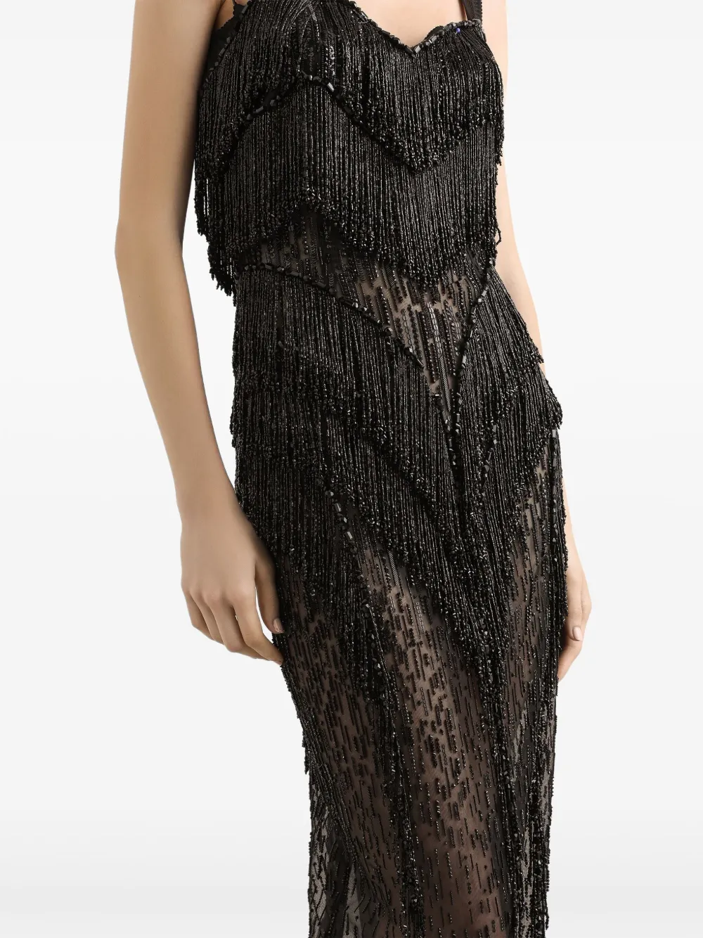 Dolce & Gabbana Long Marquisette Dress With Sequined Fringe Embellishment In Black