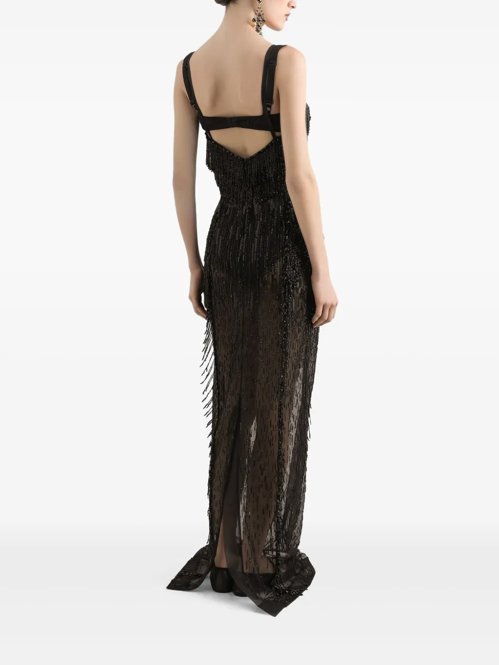Dolce & Gabbana Long Marquisette Dress With Sequined Fringe Embellishment In Black