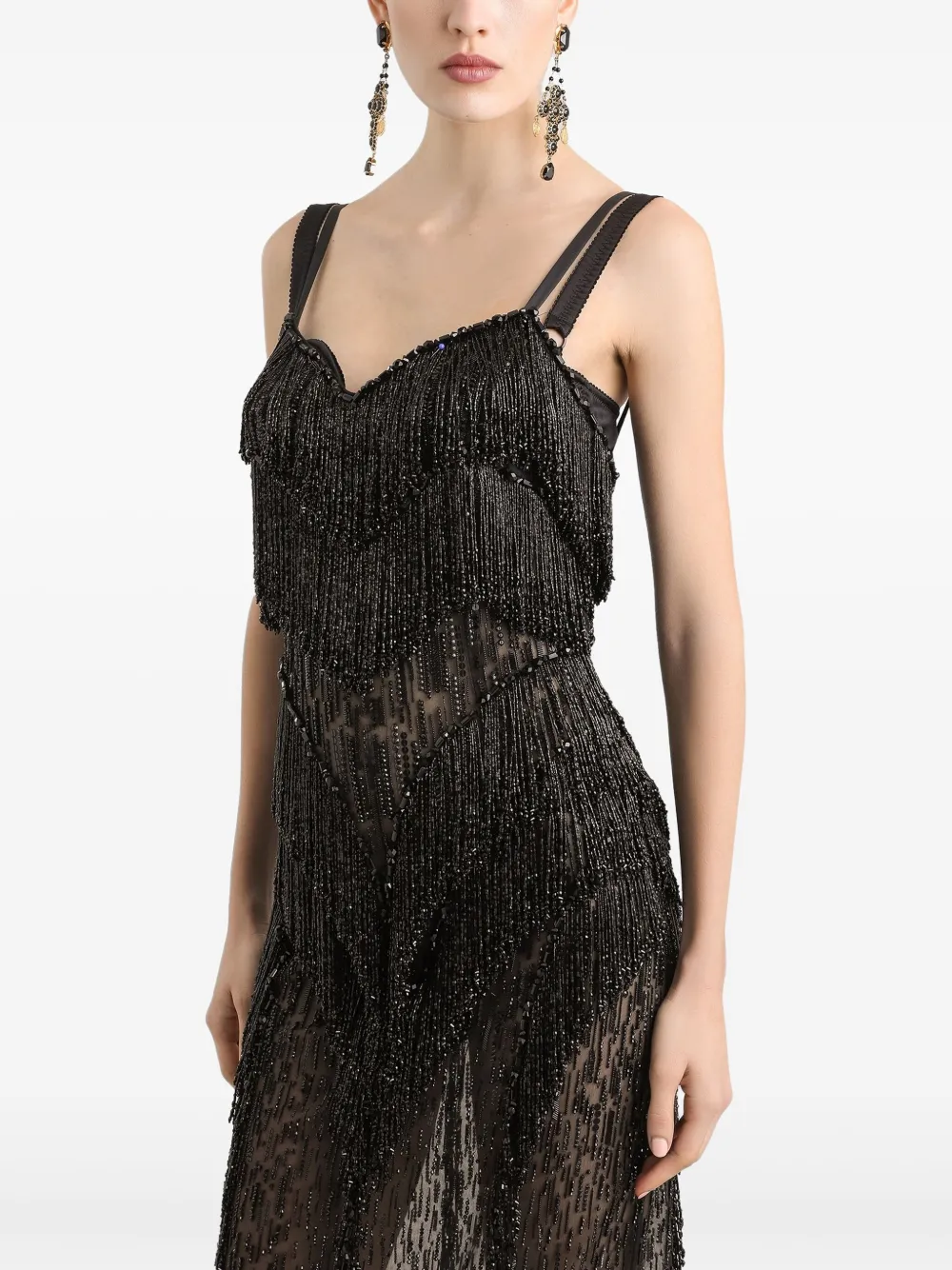 Dolce & Gabbana Long Marquisette Dress With Sequined Fringe Embellishment In Black