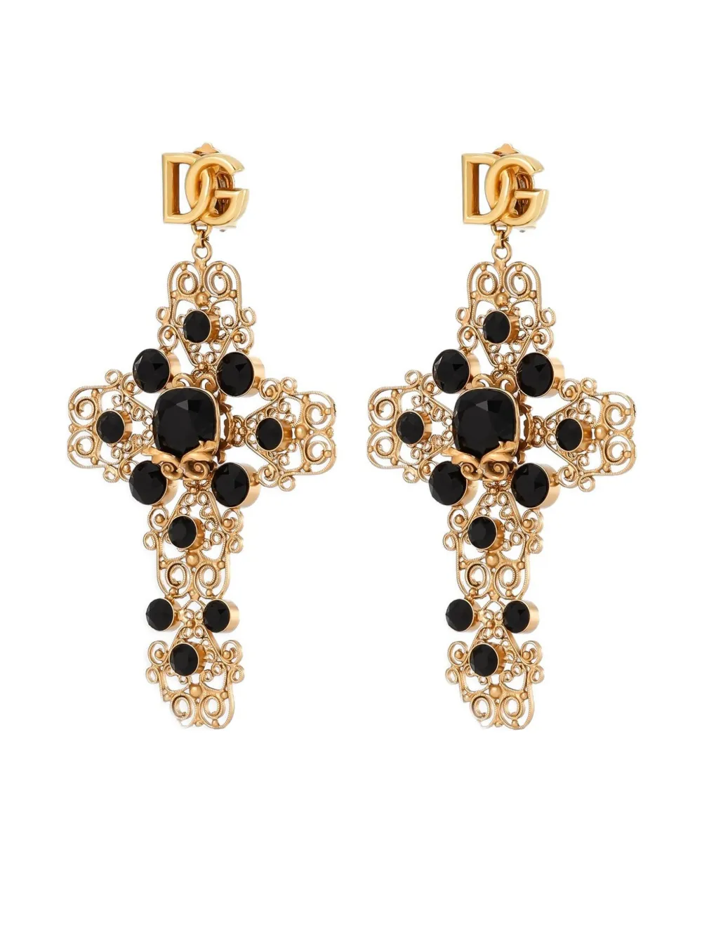 Dolce & Gabbana Drop Earrings With Filigree Cross And Dg Logo In Gold