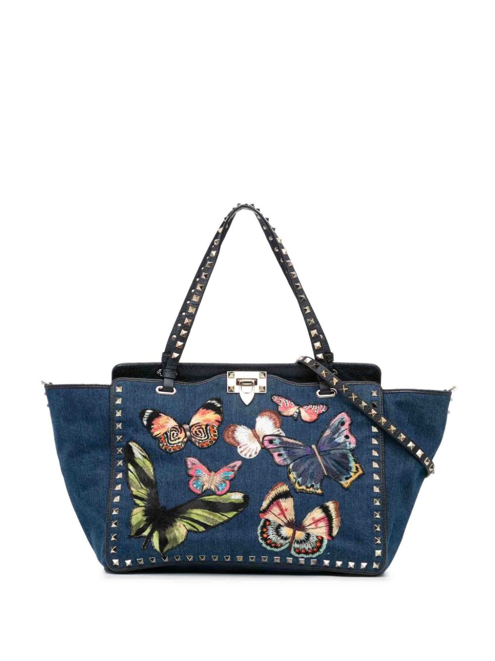 Valentino Garavani Pre-Owned 2010-2023 Butterfly Embroidered Denim Rockstud satchel - Blu