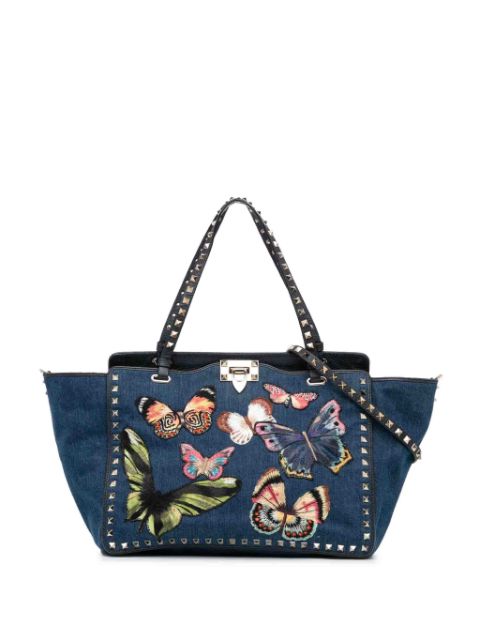 Valentino Garavani Pre-Owned 2010-2023 Butterfly Embroidered Denim Rockstud satchel