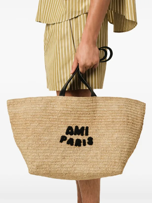 AMI Paris logo-patch Raffia Tote Bag | Neutrals | FARFETCH JO