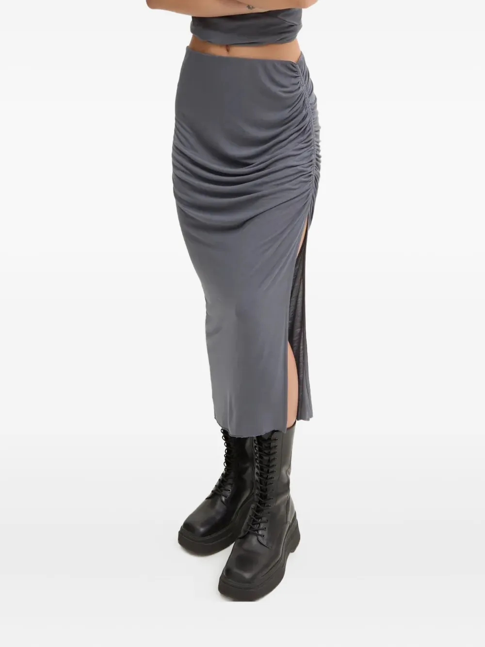 Rick Owens Side-split Gathered Midi Skirt In Gray
