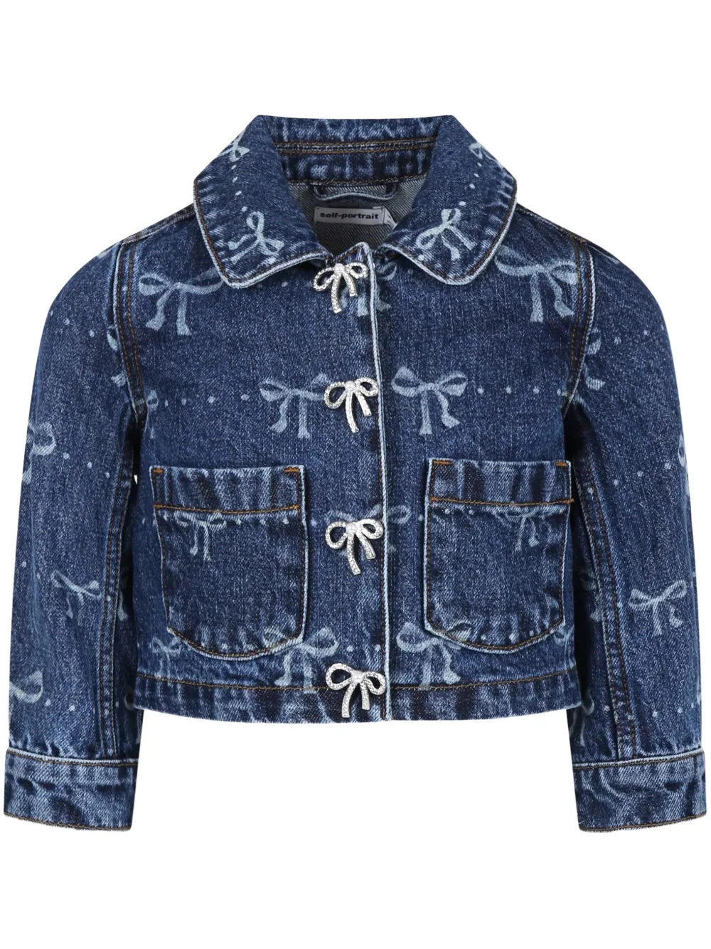 Self-portrait Denim Bow Printed Jacket In Blue
