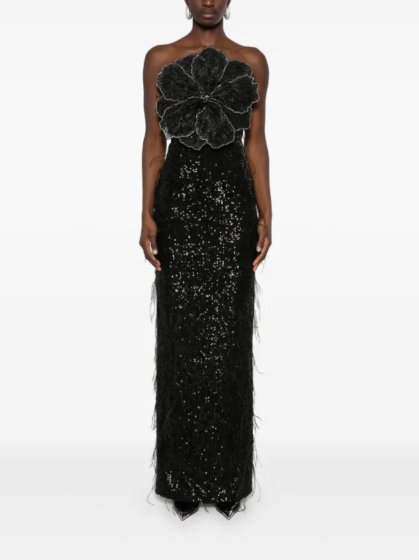 Nissa Floral-appliqu Sequined Maxi Dress - Black