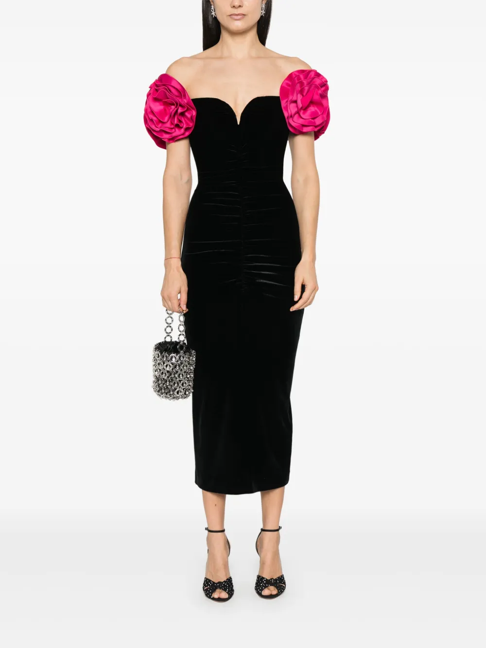 NISSA floral-appliqué velvet midi dress - Black