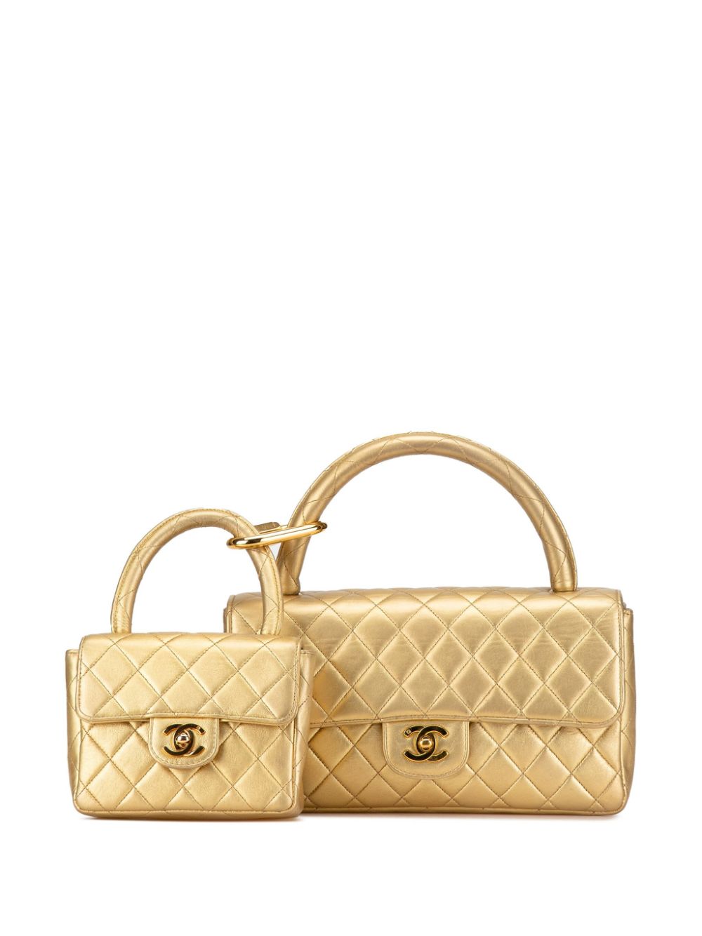 Pre-owned Chanel 1994-1996 Lambskin Parent Child Kelly Set Top Handle Bag Handbag In Gold