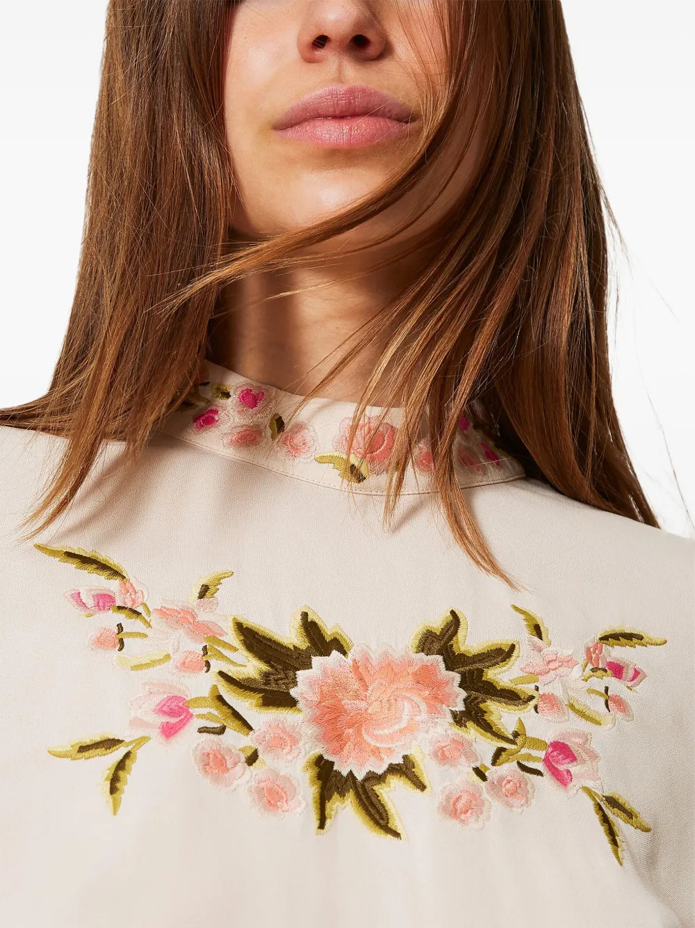 Shop Twinset Floral-embroidered Blouse In Neutrals