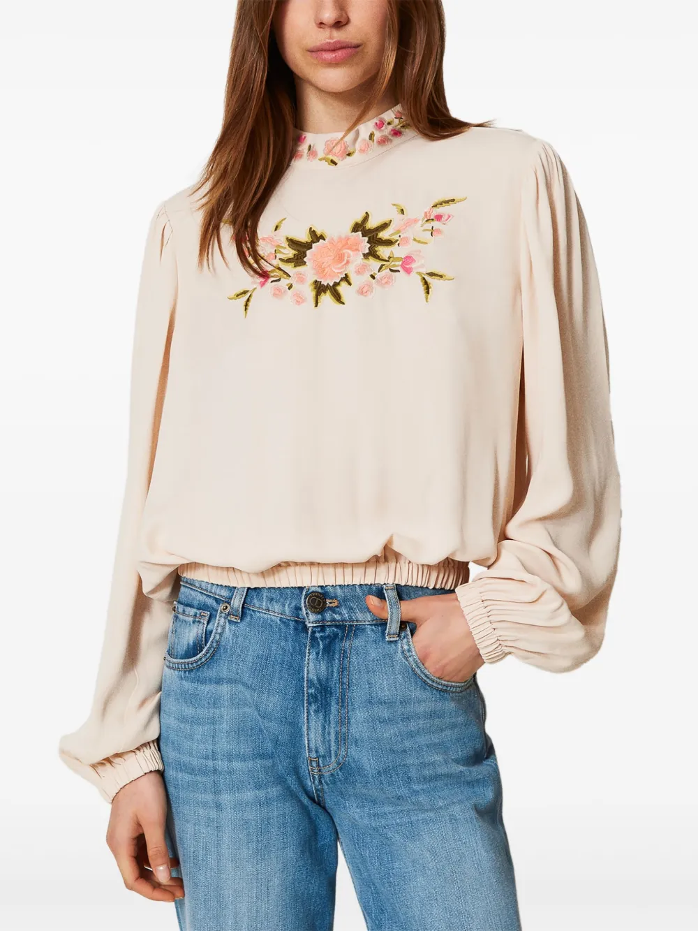 TWINSET Shirt met geborduurde bloemen - Beige