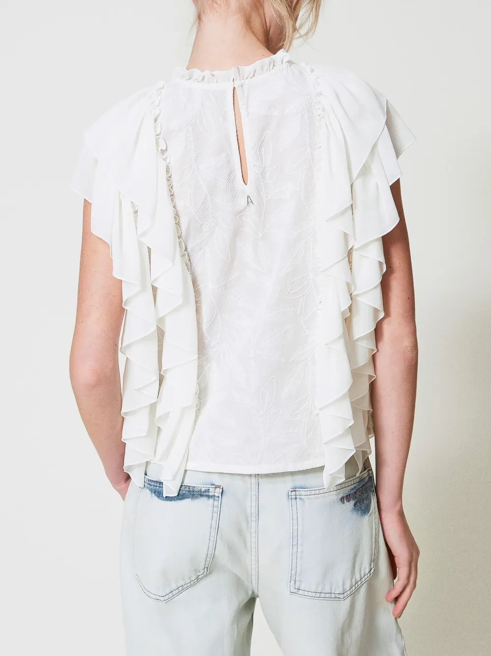 Shop Twinset Embroidered Ruffled Blouse In Neutrals