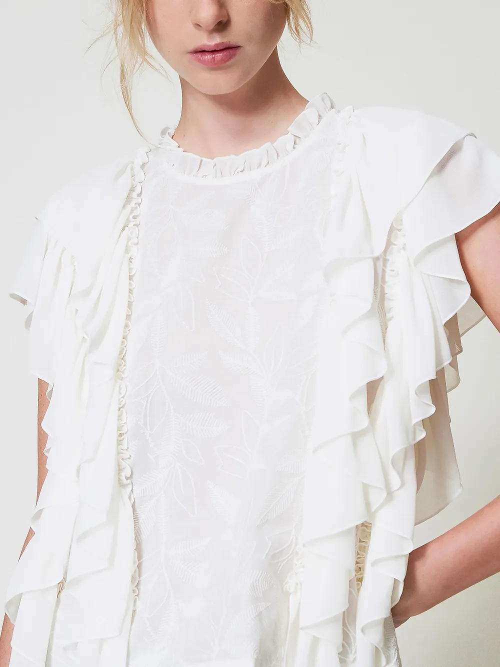 Shop Twinset Embroidered Ruffled Blouse In Neutrals