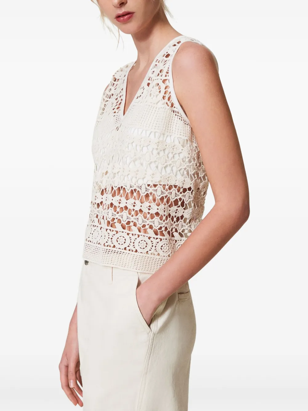 TWINSET Jersey top met macramé kant - Wit