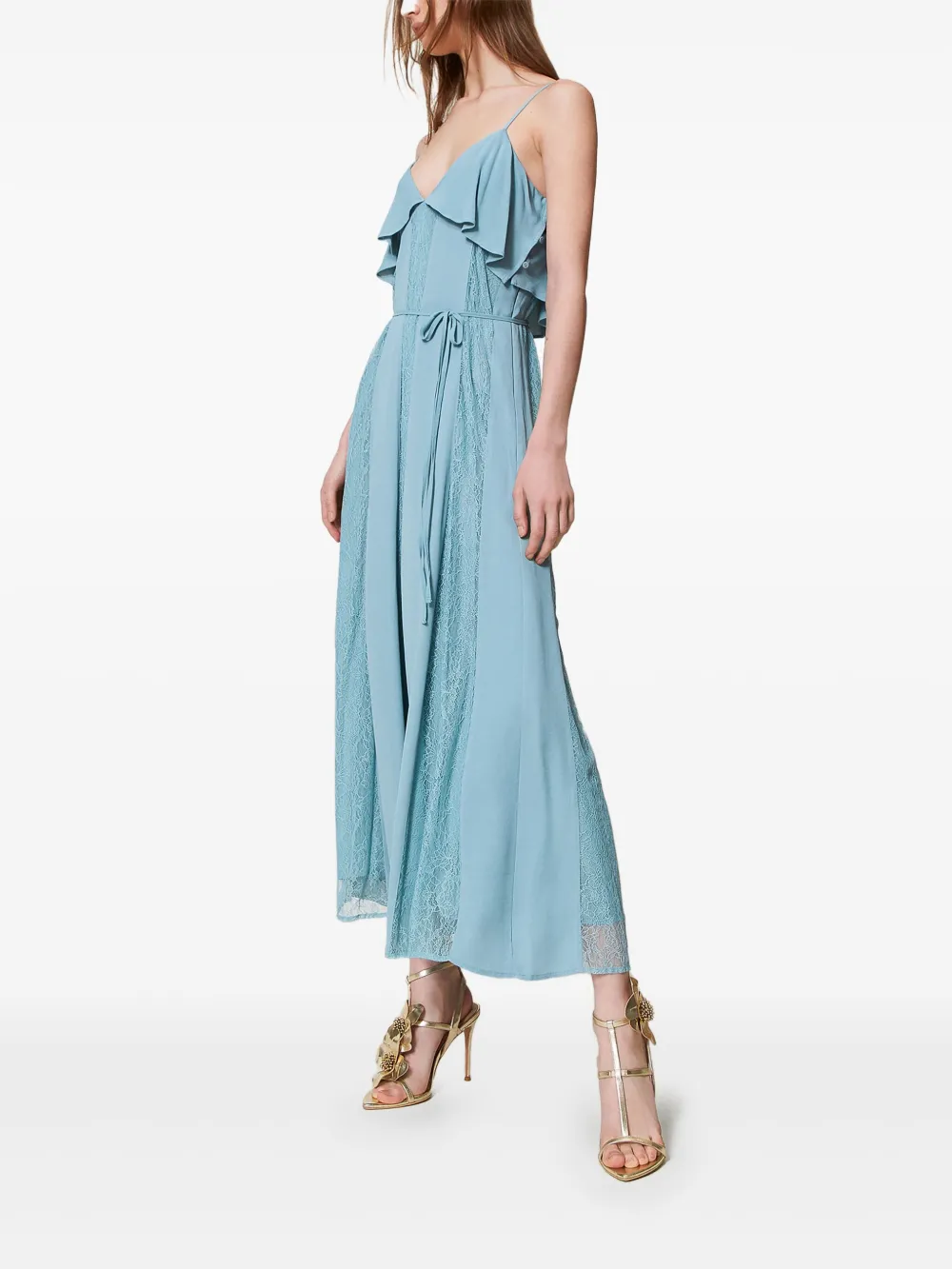 Shop Twinset Ruffled Lace Dress In Blue