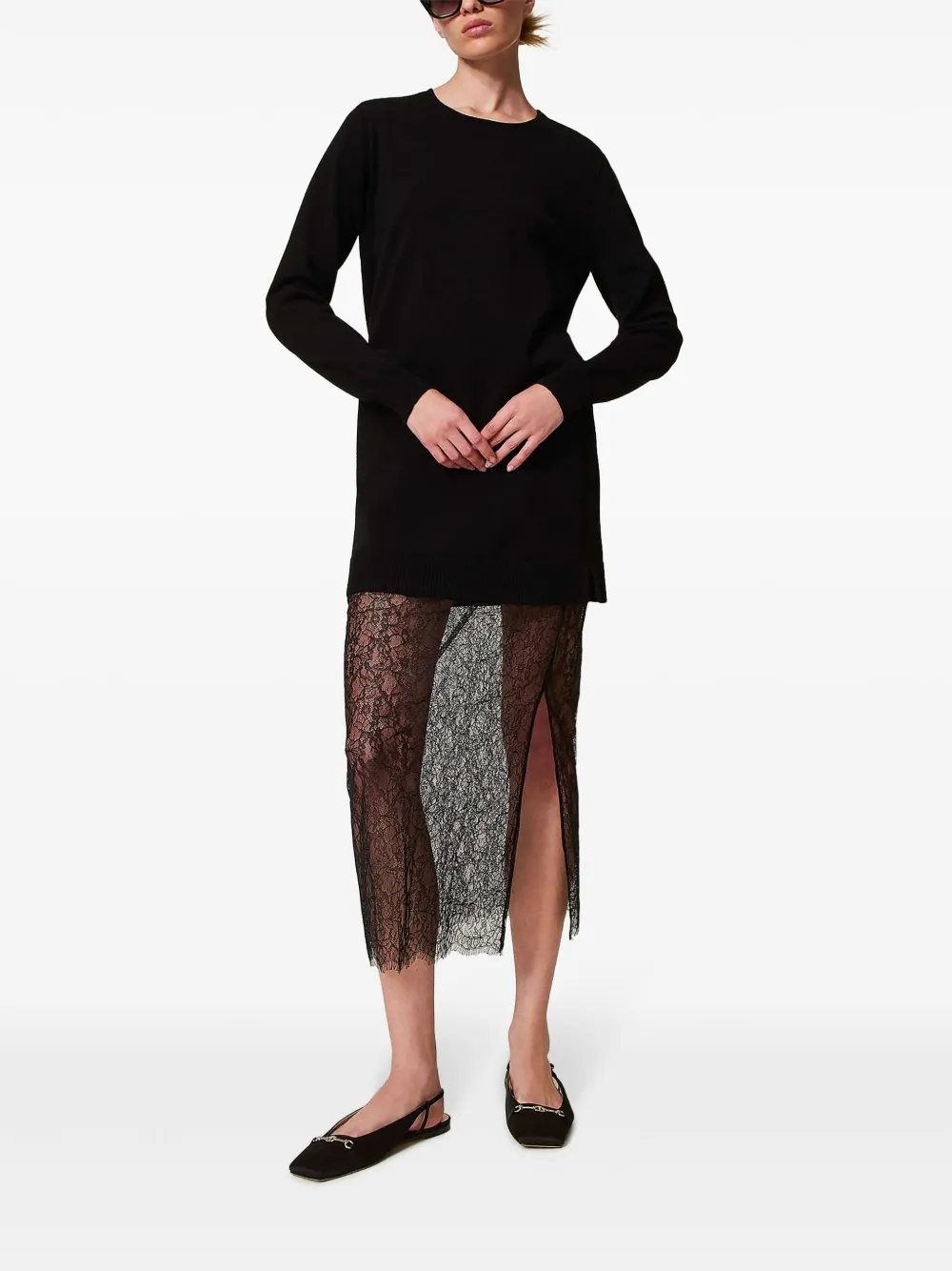TWINSET Jurk met kanten vlakken - 00006 NERO