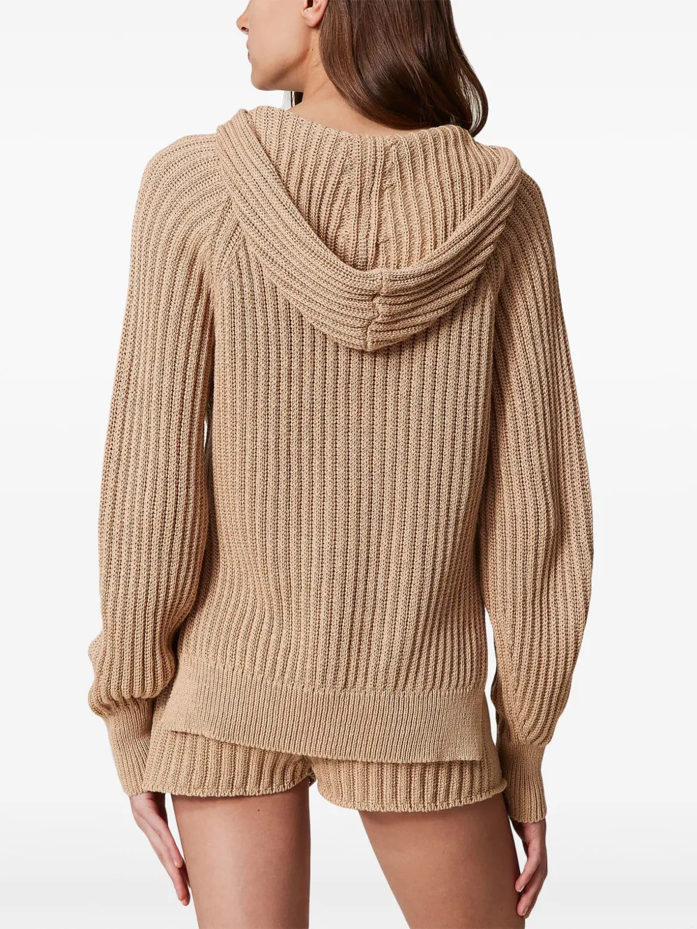 TWINSET HOODED RIBBED-KNIT SWEATER