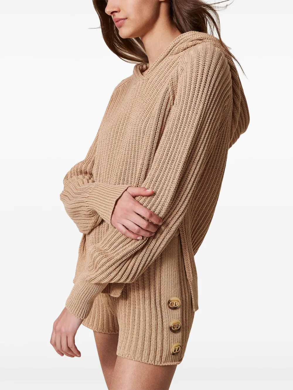 TWINSET HOODED RIBBED-KNIT SWEATER