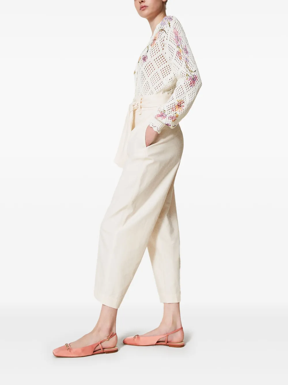 Shop Twinset Belted Gabardine Trousers In White