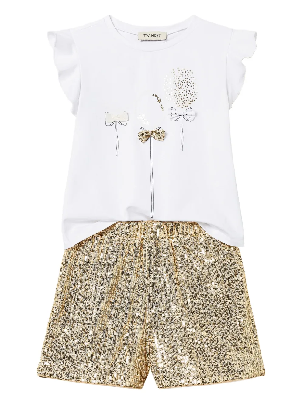 TWINSET Kids スパンコール ラッフルスリーブ ロンパース - ホワイト TWINSET Kids スパンコール ラッフルスリーブ ロンパース - ホワイト
