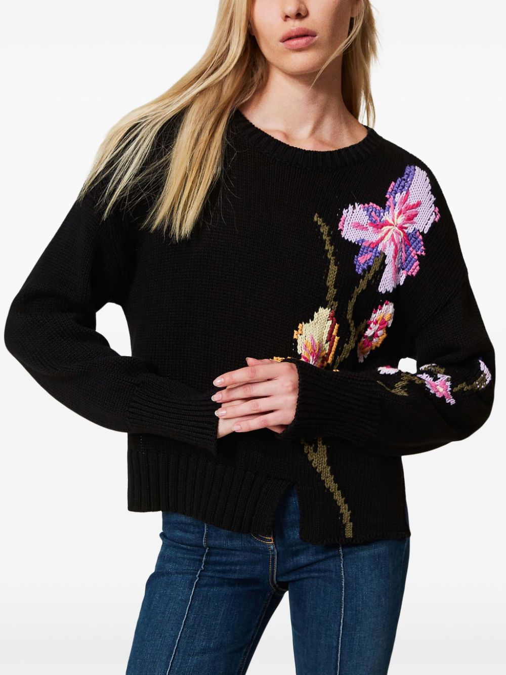 TWINSET Trui met geborduurde bloemen - Zwart