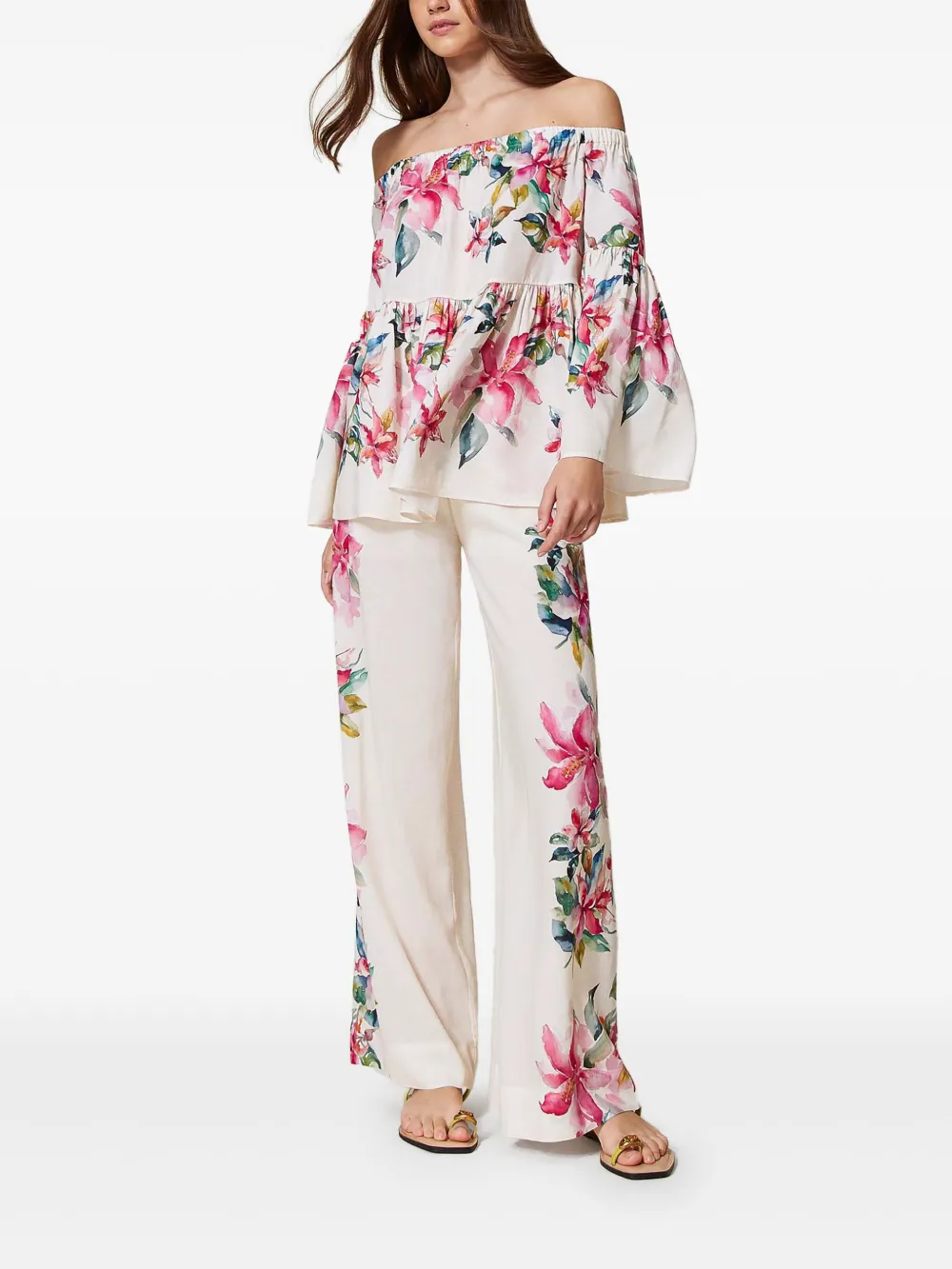 TWINSET Broek met bloemenprint - Wit