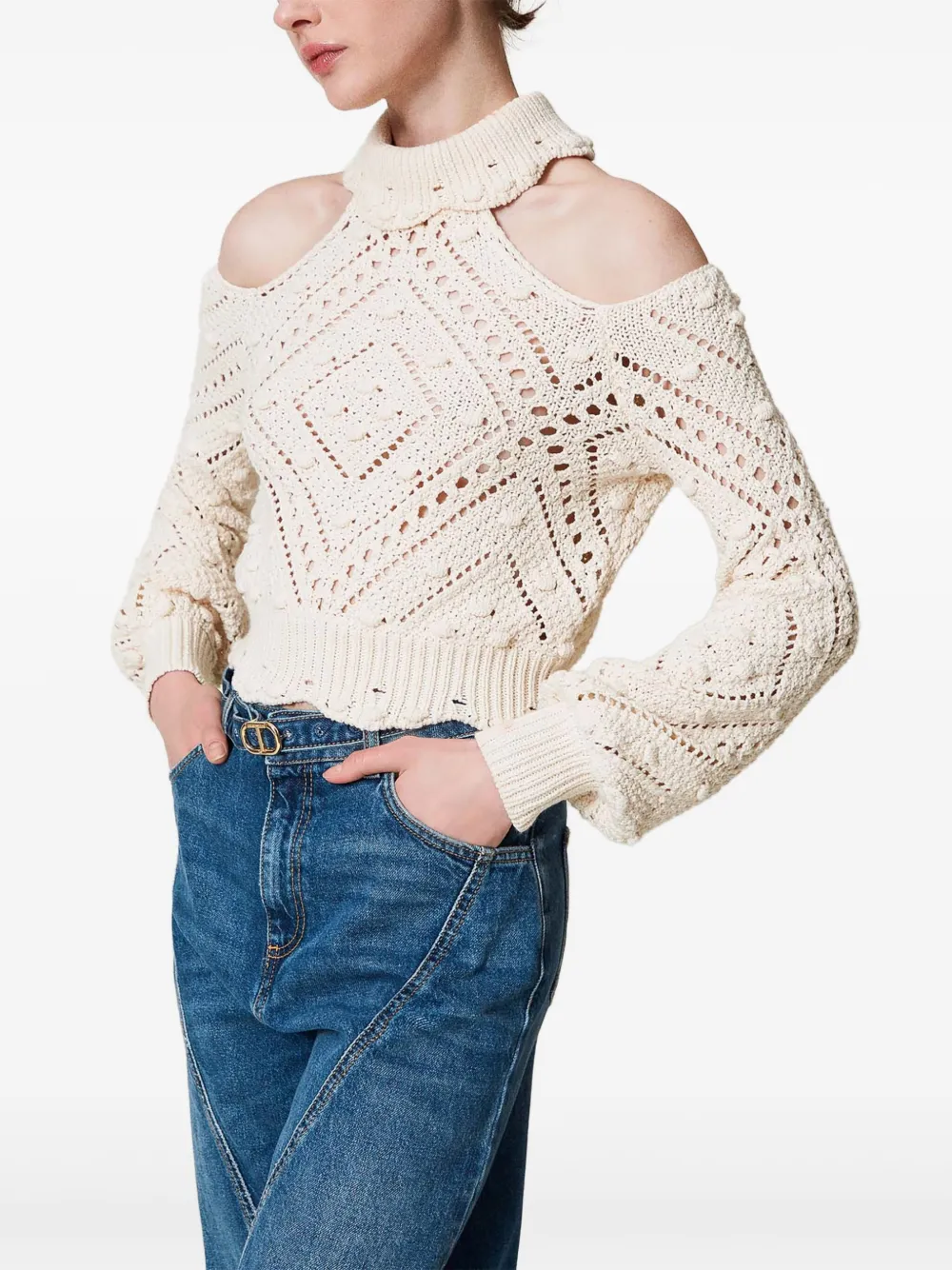 TWINSET Cropped trui met opengewerkte gebreide Beige