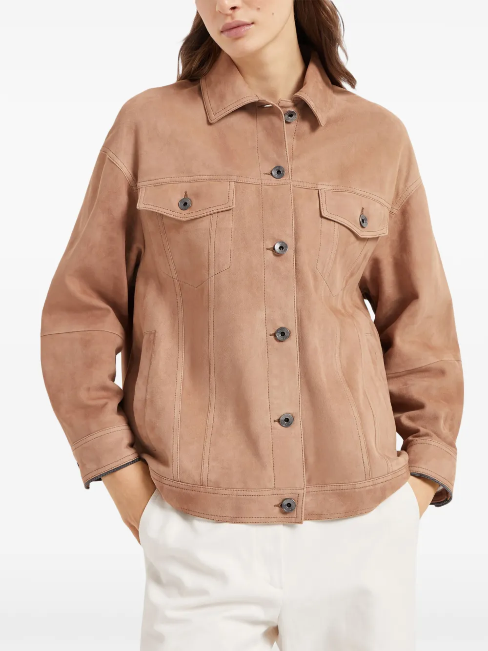 アウターその他 BRUNELLO CUCINELLI Women Outer MPCAI7326LE Q CUCIN C2867 Bei Brunello Cucinelli Couture Suede Jacket | Brown | FARFETCH