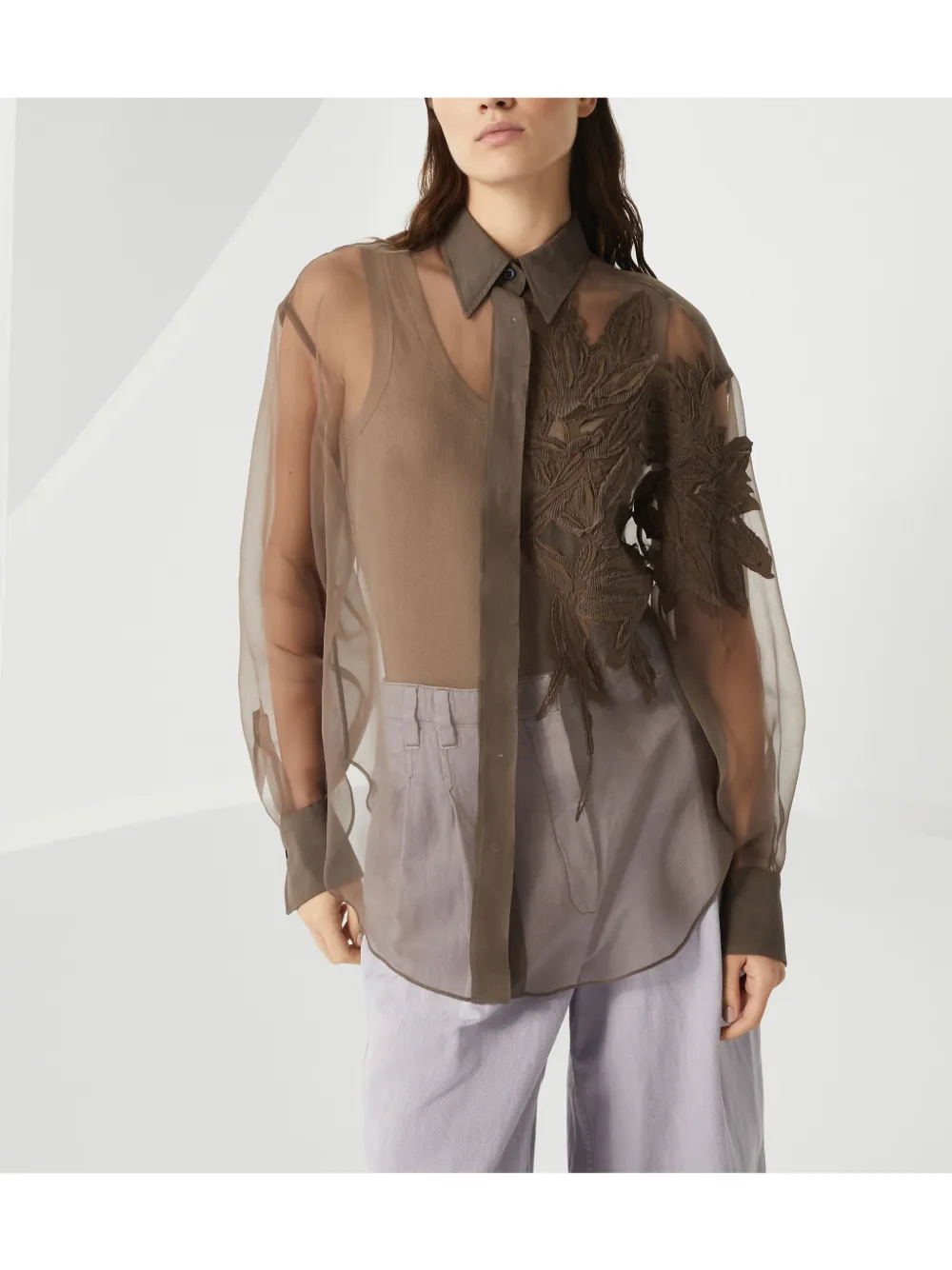 Brunello Cucinelli Blouse met Flora-applicatie Bruin