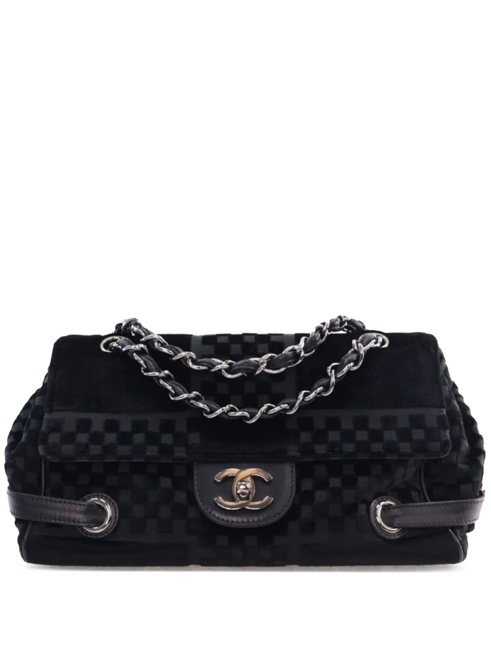 CHANEL Pre-Owned 2005-2006 CC Check Embossed Velvet Belted Side Flap shoulder bag | Black | Image 1