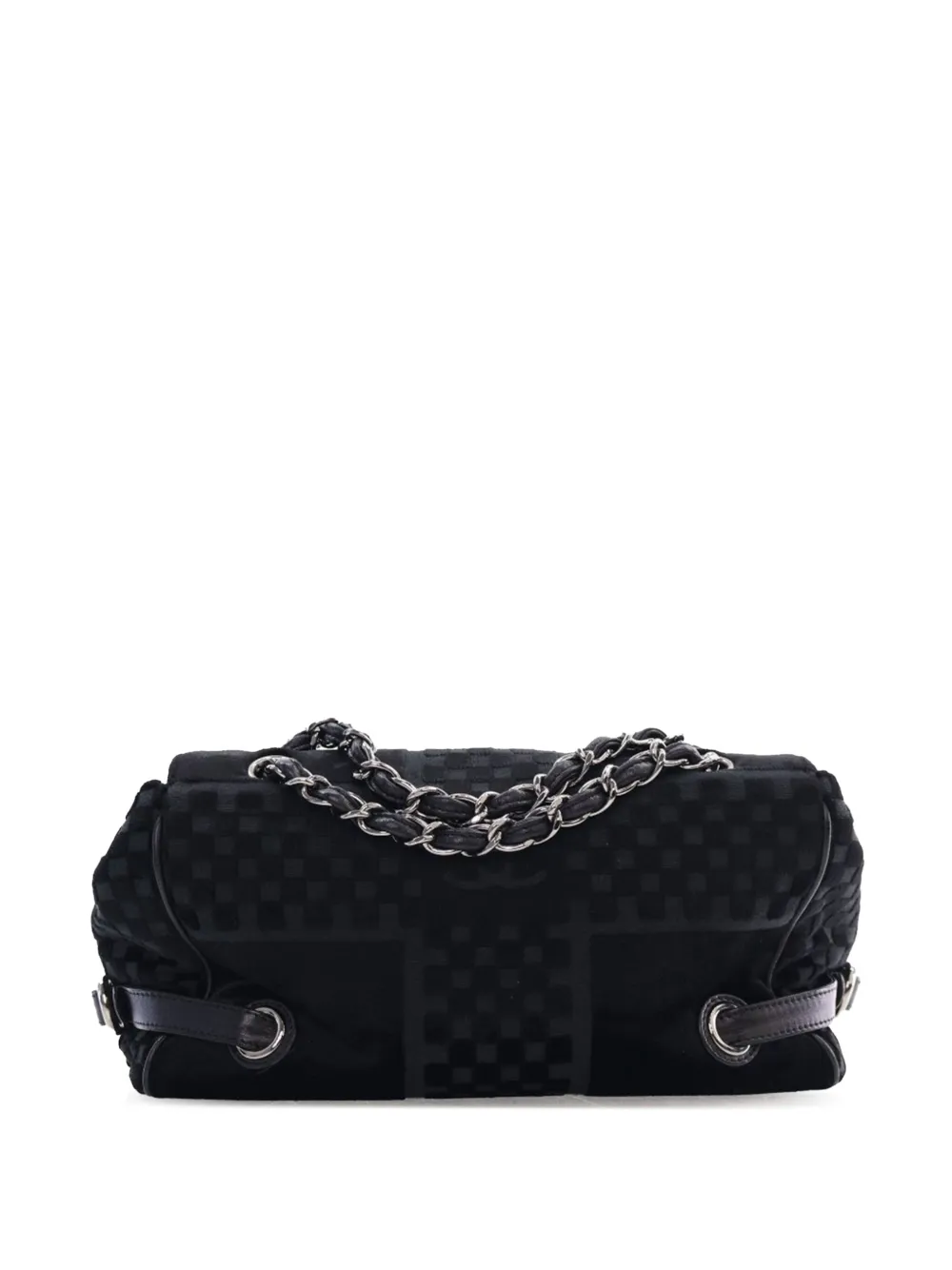 Pre-owned Chanel 2005-2006 Cc Check Embossed Velvet Belted Side Flap Shoulder Bag In Black