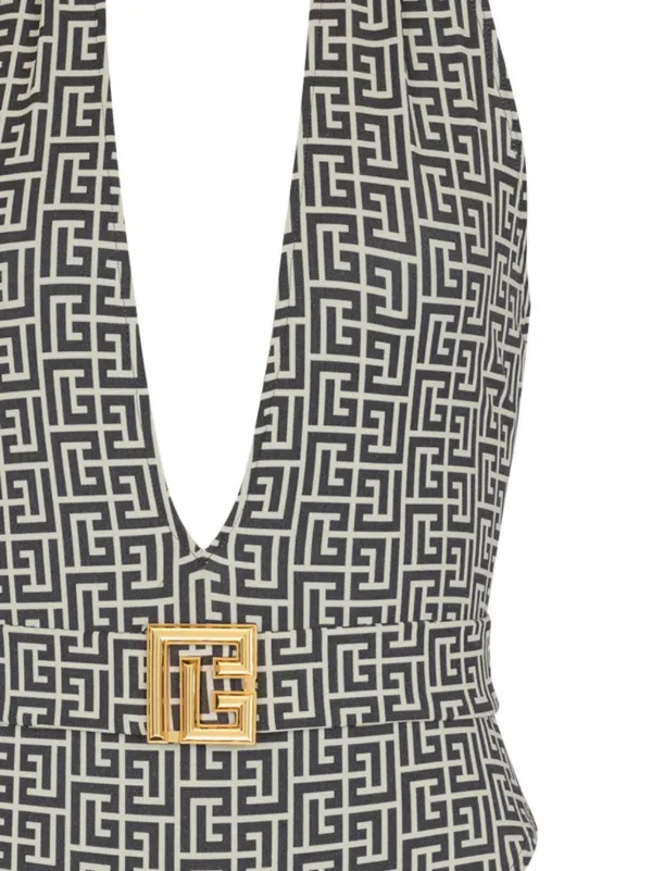 Balmain PB Labyrinth-print Swimsuit | Grey | FARFETCH