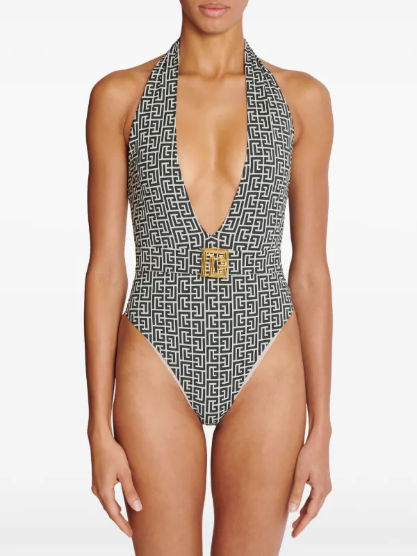 BALMAIN ハルタネック フリント 二ヒス 水着 BKB9022300 028 Balmain PB Labyrinth-print Swimsuit | Grey | FARFETCH