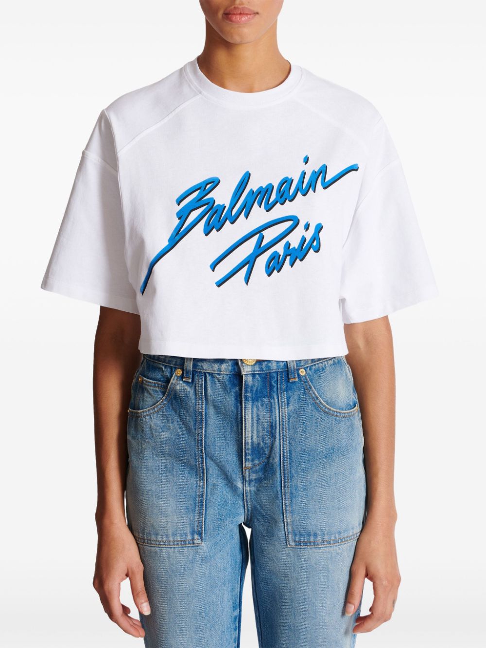 Cheap Balmain logo-flocked cropped T-shirt Women