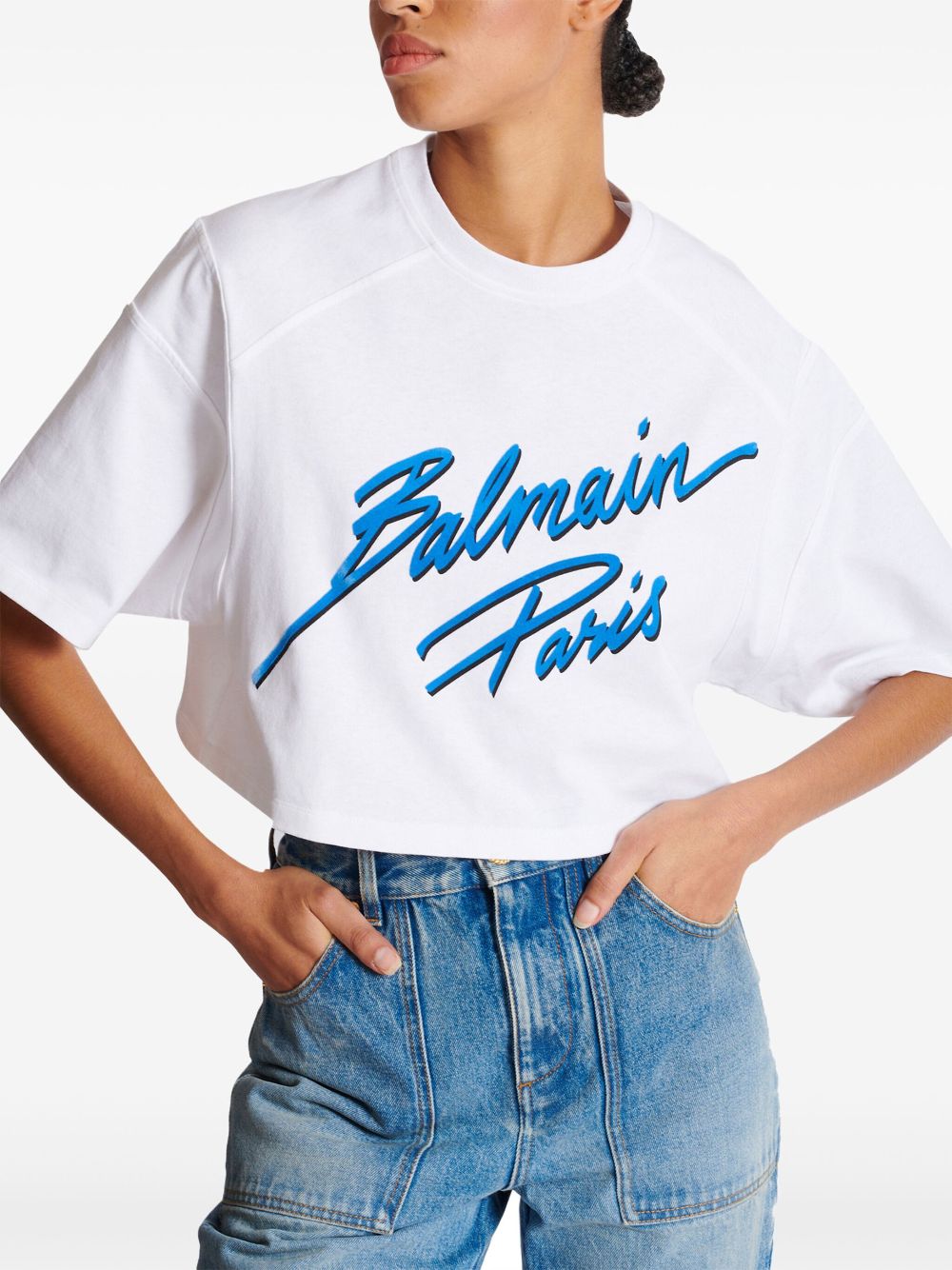 Cheap Balmain logo-flocked cropped T-shirt Women