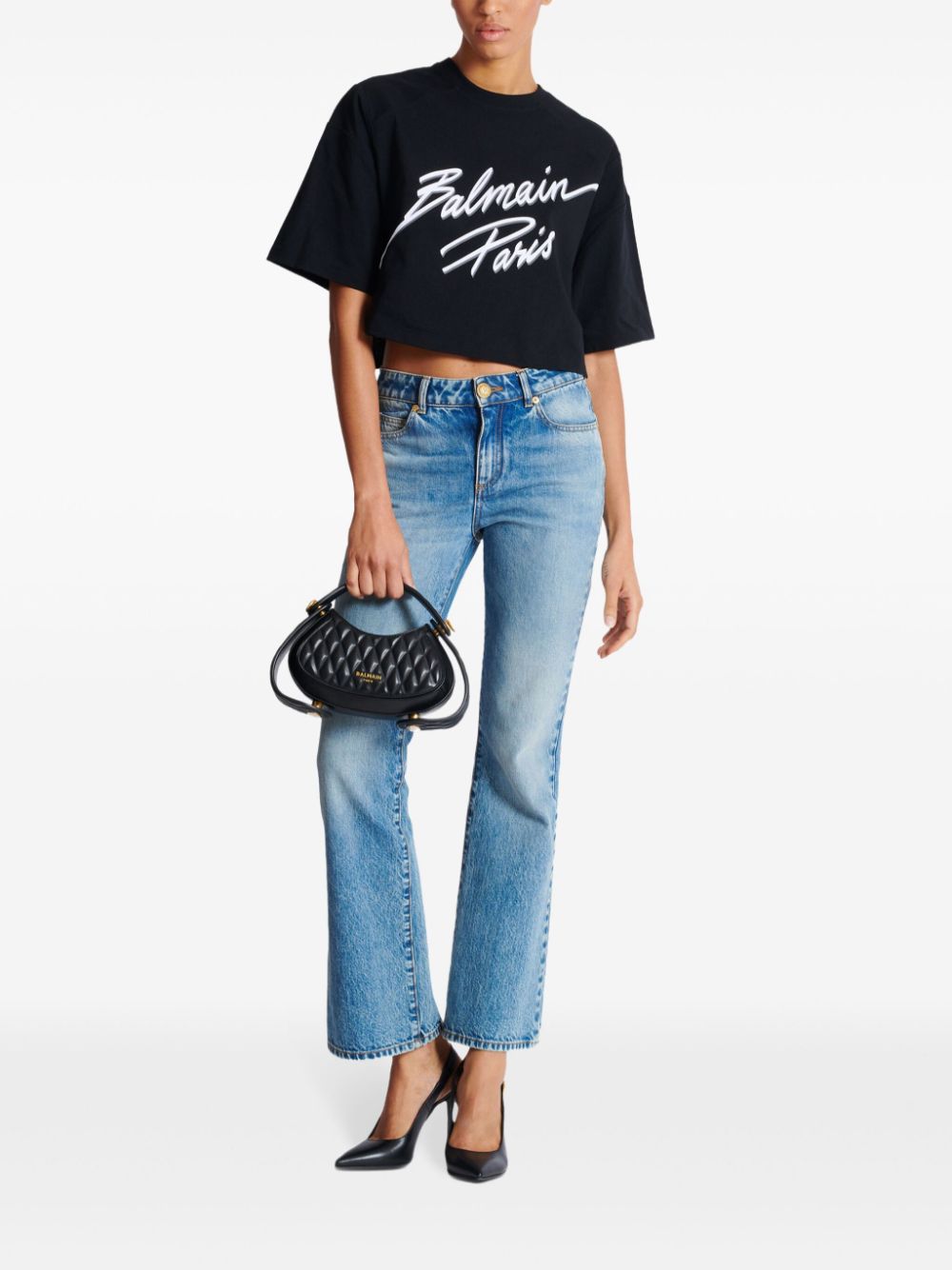 Balmain logo-flocked cropped T-shirt - Zwart