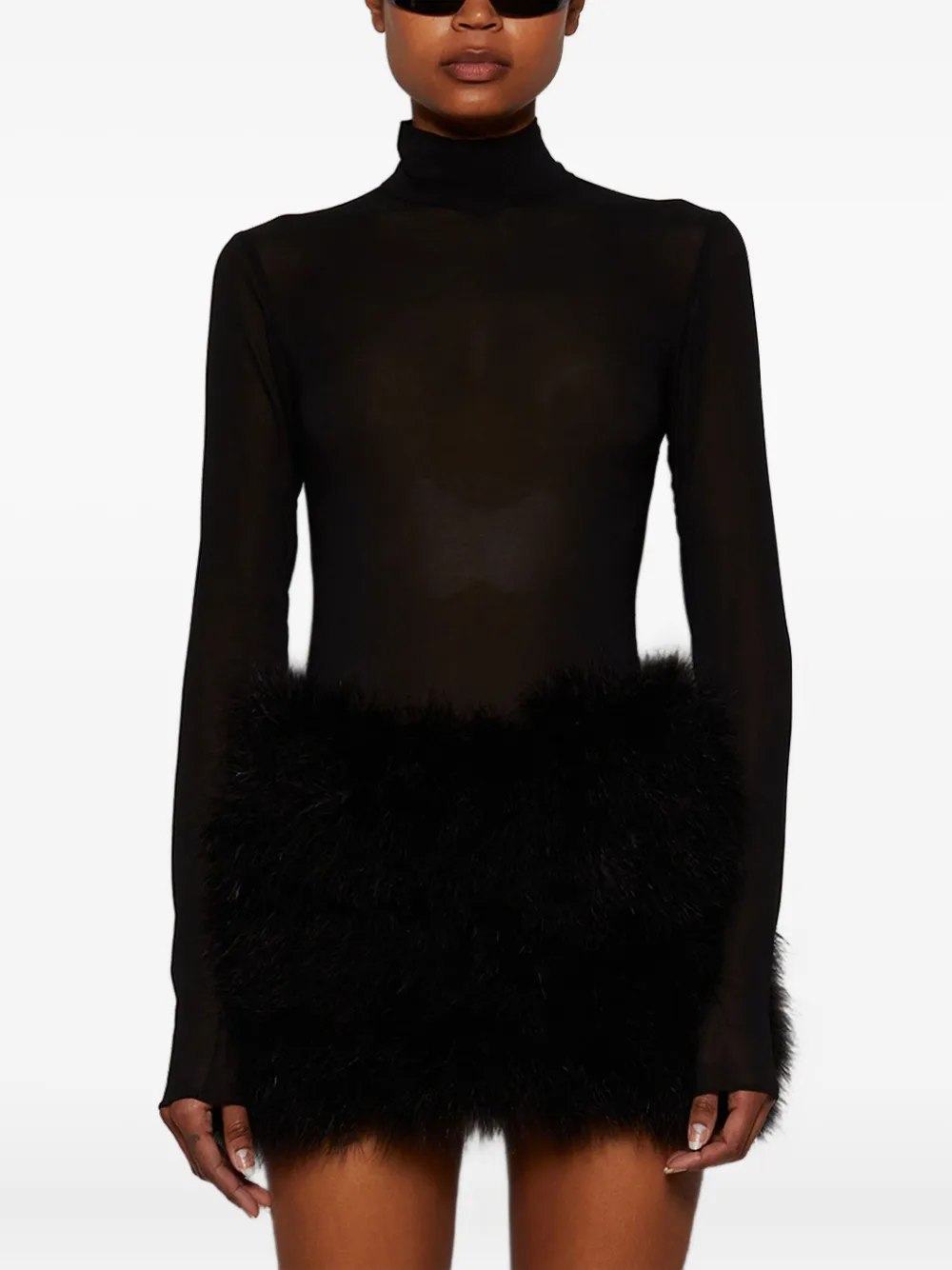 The New Arrivals Ilkyaz Ozel Elly In Mystere feather-trimmed mini dress Zwart