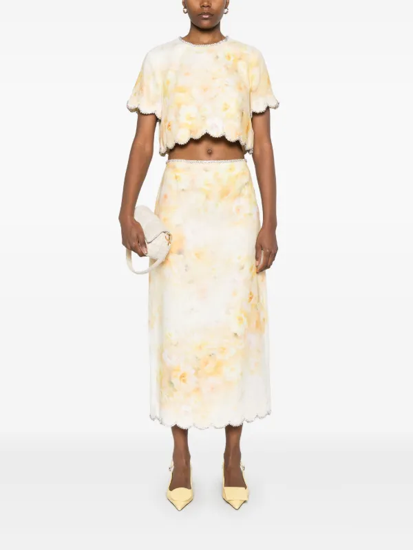 ZIMMERMANN Crush Scalloped Midi Skirt | Yellow | FARFETCH