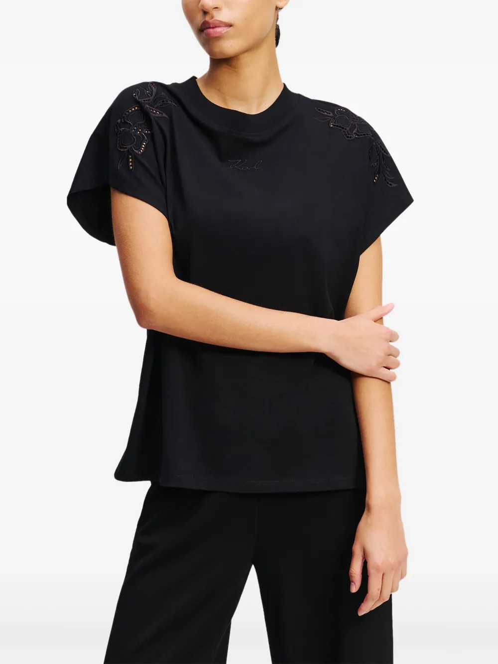 Karl Lagerfeld T-shirt met geborduurde orchidee Zwart