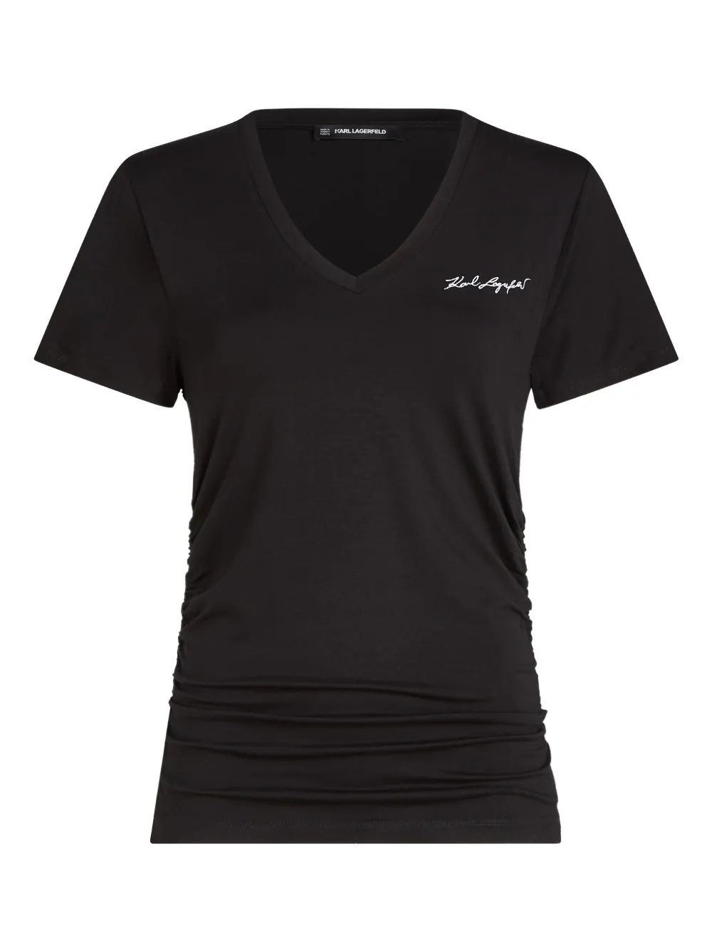 Karl Lagerfeld Signature V-neck Ruched T-shirt In Black