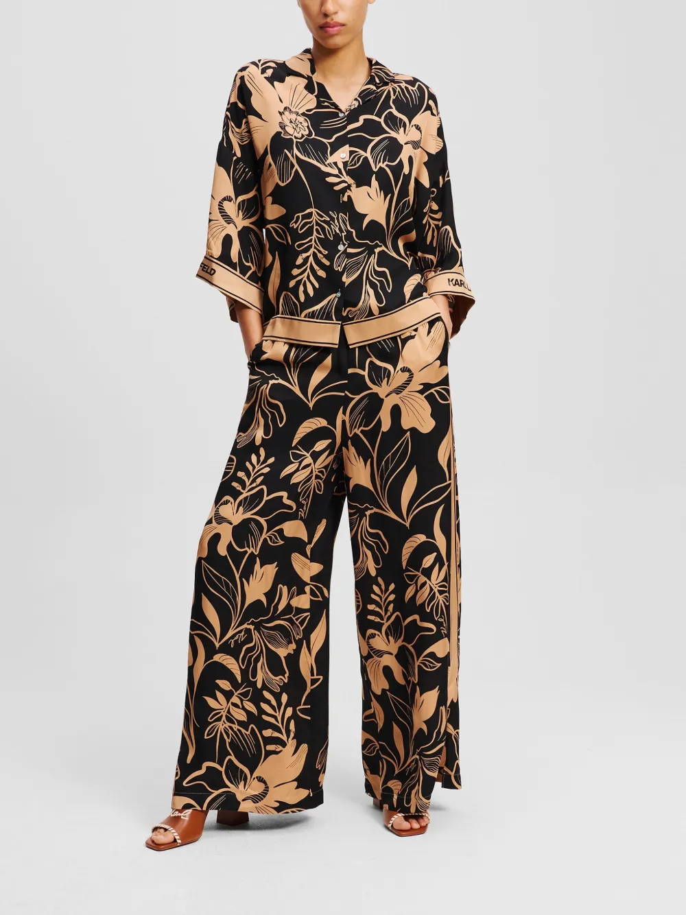 Shop Karl Lagerfeld Printed Wide-leg Trousers In Black