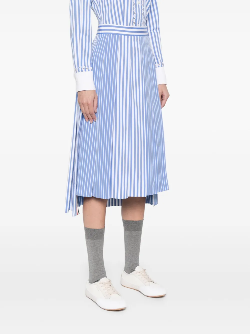 Shop Thom Browne Pleated Striped Midi Skirt