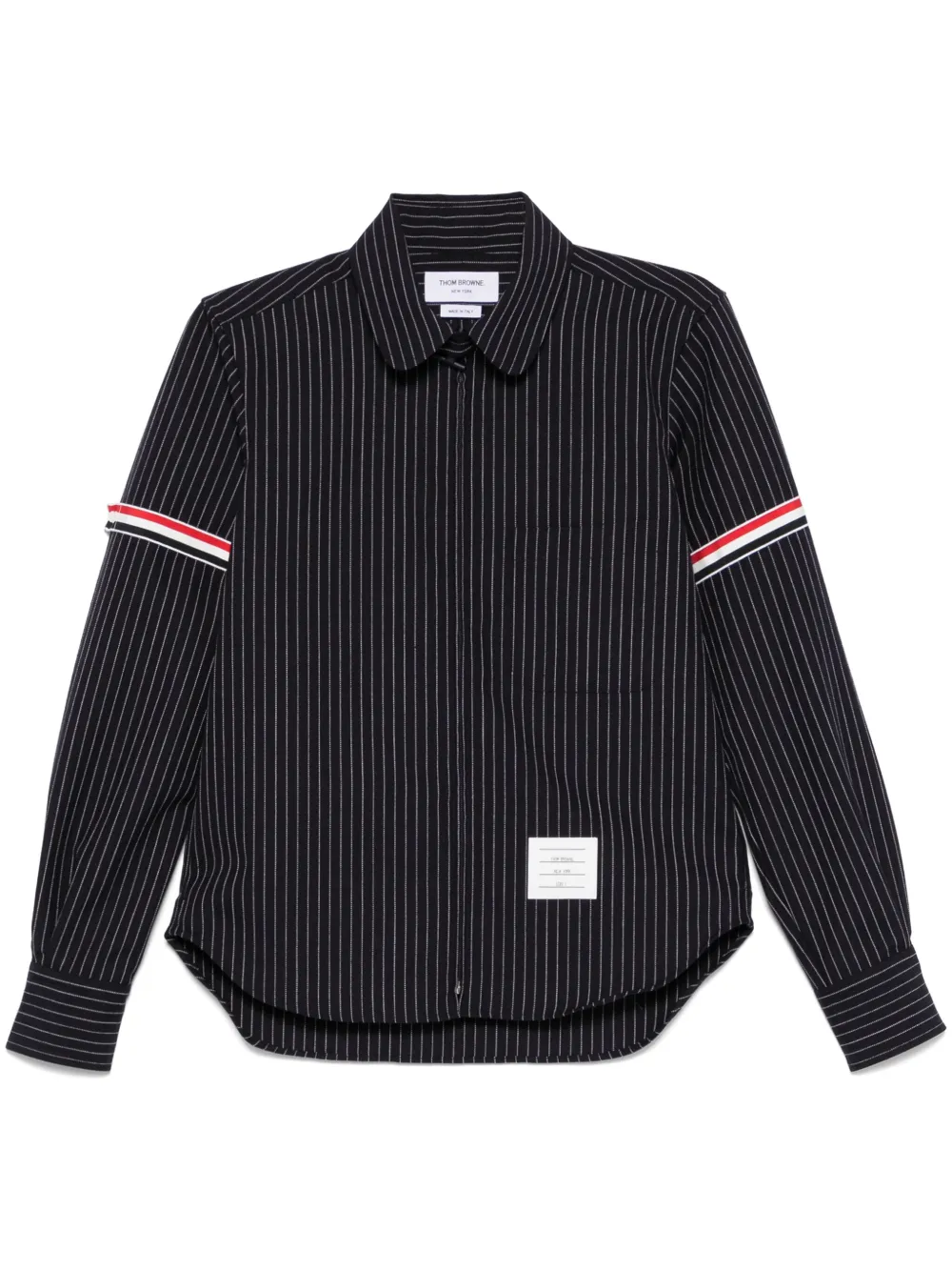 pinstriped zip-up shirt