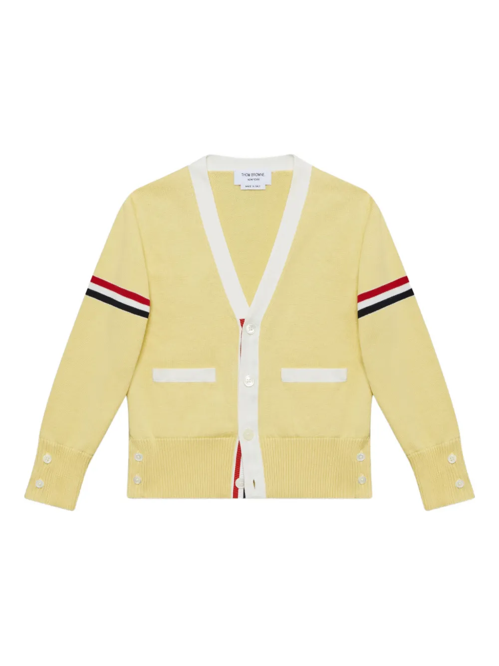 Thom Browne Kids stripe-detail V-neck cardigan | Yellow | Image 1
