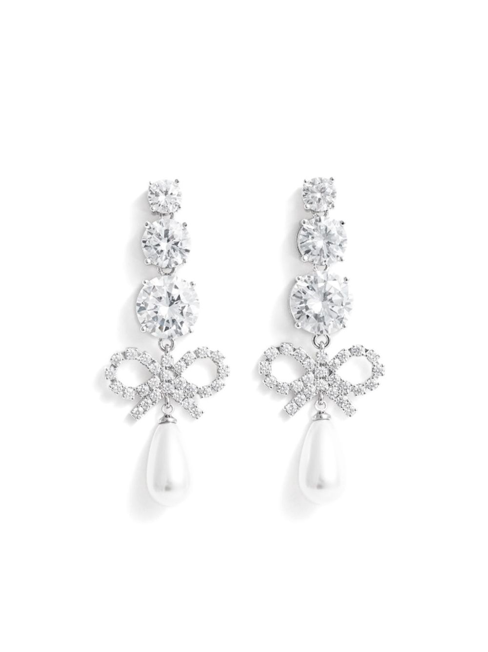 Self-Portrait crystal bow pearl earrings - Silver