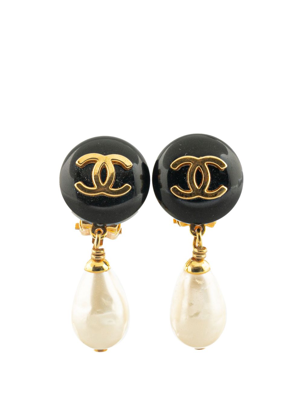 1996 Gold Plated Faux Pearl CC Drop Clip On costume earrings