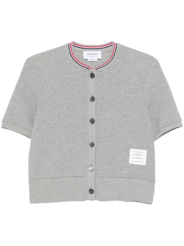 Thom Browne Cotton Waffle Short Sleeve Cardigan in Grey