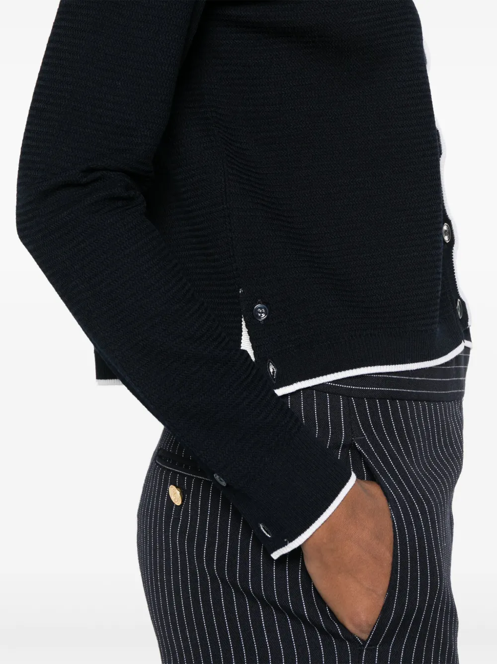 Thom Browne Textured Stitch Virgin Wool Crewneck Cardigan In Blue
